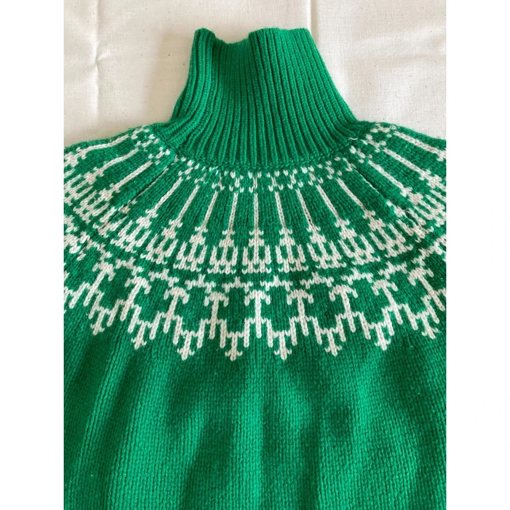 Tory Sport Green White Merino Wool Fair Isle Turtleneck Sweater L 48039